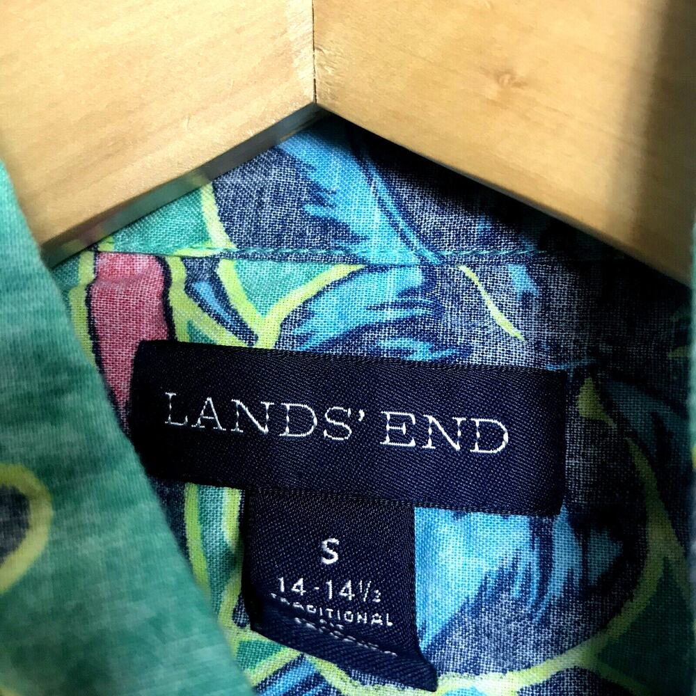 Lands' End Shirt Mens Size Small Short Sleeve Button-Up Bright Green Floral - Picture 2 of 4